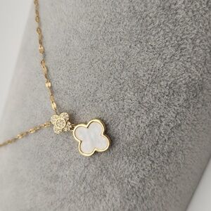 18K Gold Plated Stainless Steel Double  Clover Pendant Necklace, Pearl White